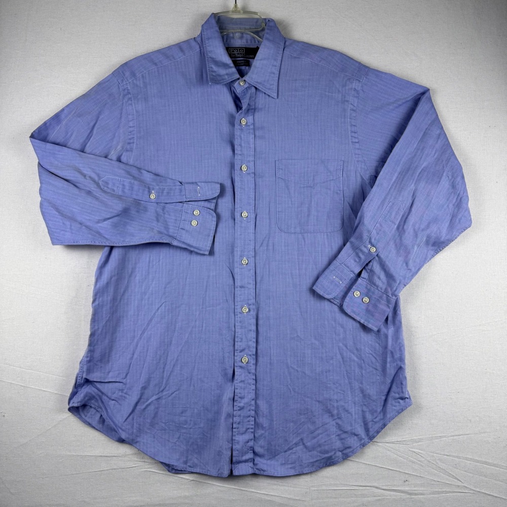 Polo Ralph Lauren Andrew Shirt Mens 16.5 32/33 Blue Herringbone Cotton Button Up
